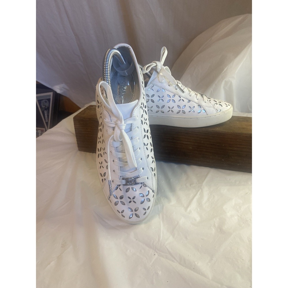 Women's Michael Kors Optical White Floral Laser‎ Cut Out Tennis Shoes-Size 9